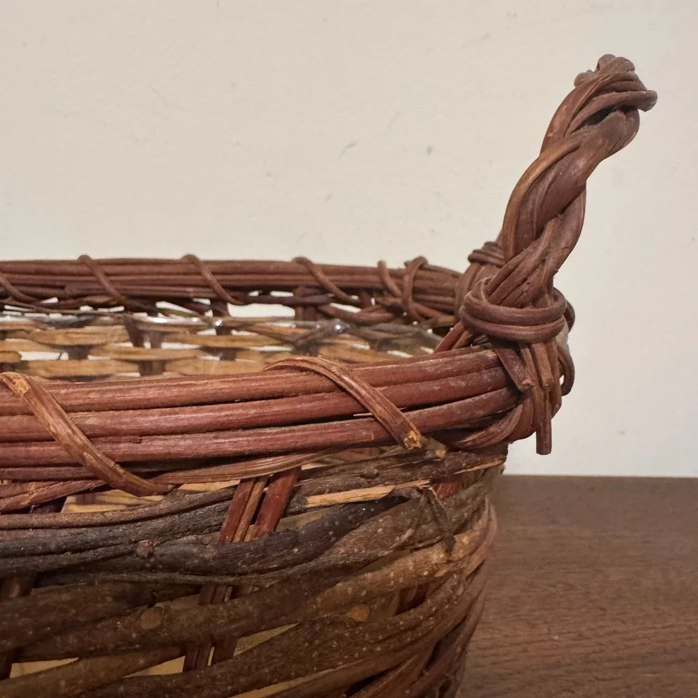Vintage Rustic Handwoven Twig Vine Oval Basket Planter Plastic Liner Handles